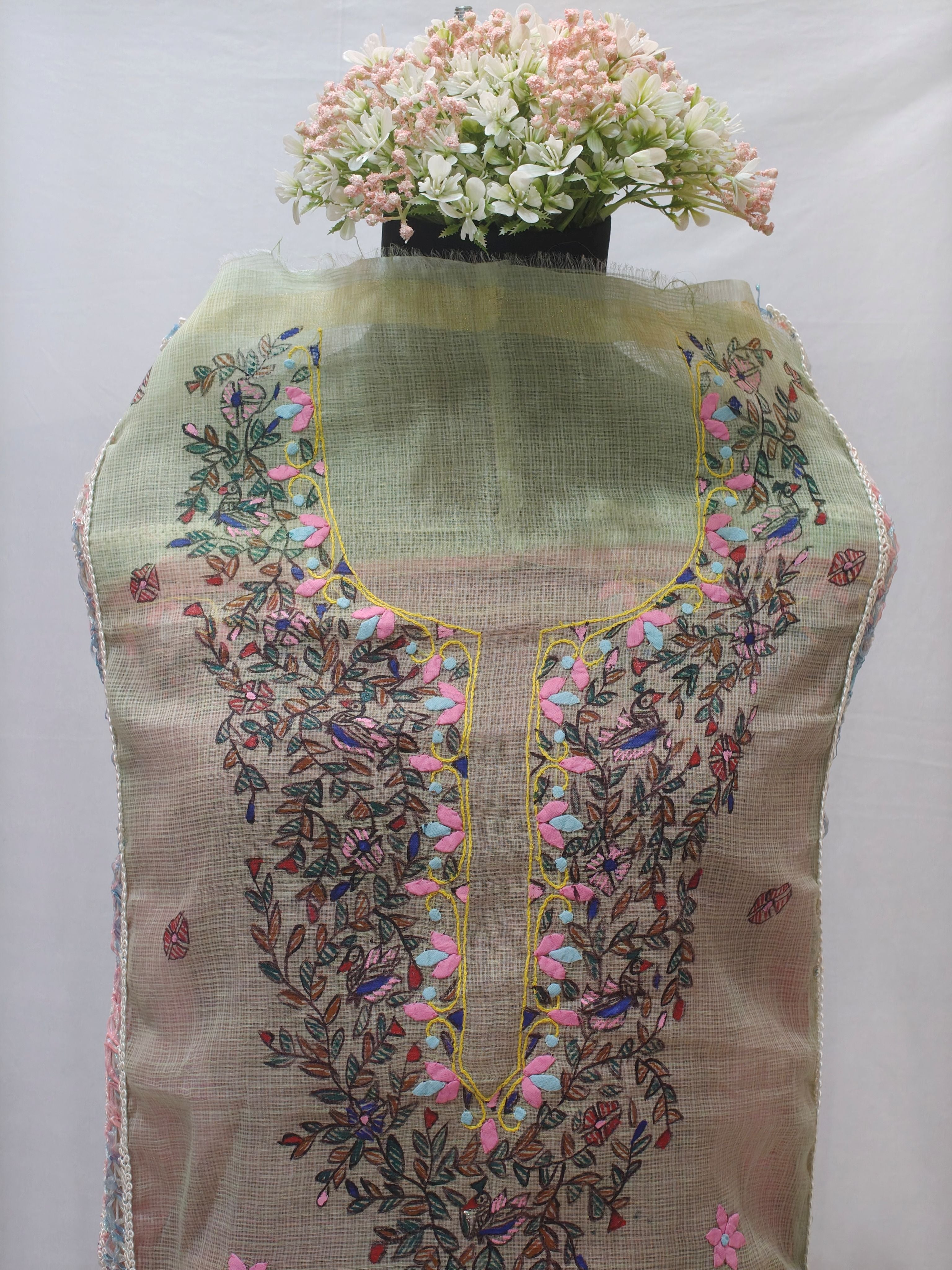 Pastel Green & Pink Soft Kota Doria - Unstitched Suit Set with Phool Patti Work